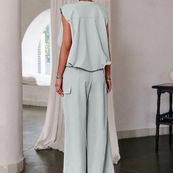 Light Blue Casual Women's Zipper Sleeveless Top And Long Pants Coord Set - Picture 4 of 4